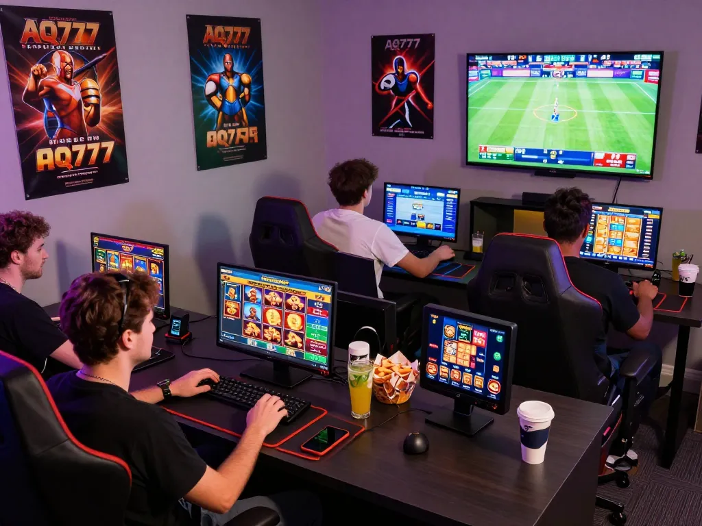 A diverse group of players enjoying AQ777's online gaming platform with an immersive atmosphere and excitement.