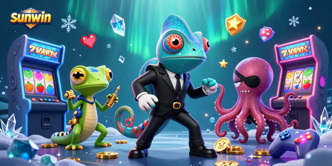 Experience the excitement of sunwin with a dynamic gaming illustration featuring vibrant slot reels and animated characters.