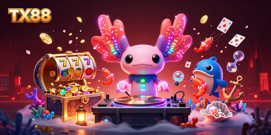 Engage with TX88's dynamic casino gaming scene featuring neon axolotl DJ and underwater slot elements.