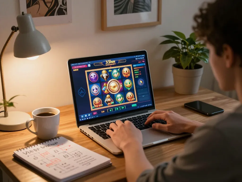 Engaging gameplay on the 33nn plataforma with a vibrant online slots interface in a cozy home setting.