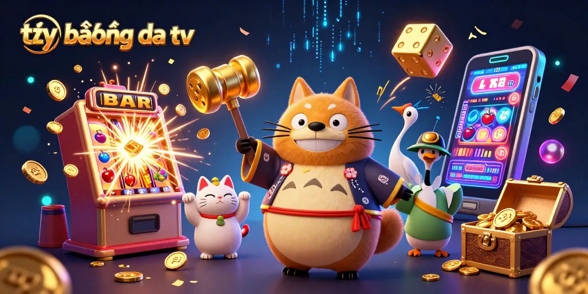Bet on tỷ lệ bóng đá tv with 3D tanuki and colorful casino elements creating an engaging scene.