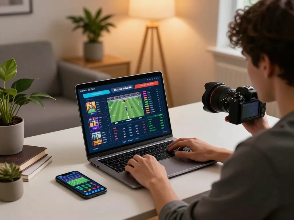 AA888 player analyzing sports betting odds on a laptop in a cozy home office setting