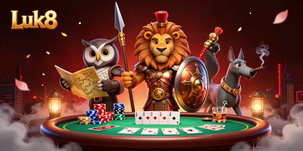 Engage with Luk8 gaming action featuring a Spartan lion, tactical owl, and swift greyhound amid vibrant casino elements.