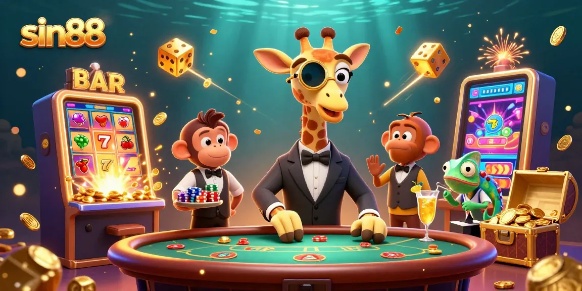 Experience thrilling gameplay with sin88 as a high-roller giraffe and friends enjoy casino action.