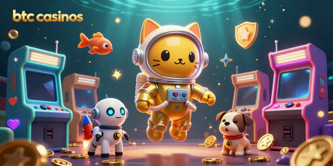 Experience btc casinos action in a vibrant 3D cosmic gaming scene featuring colorful arcade elements.