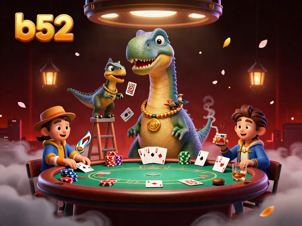 Engage with b52, a towering cartoon brontosaurus and a clever raptor in a vibrant casino scene with poker action.