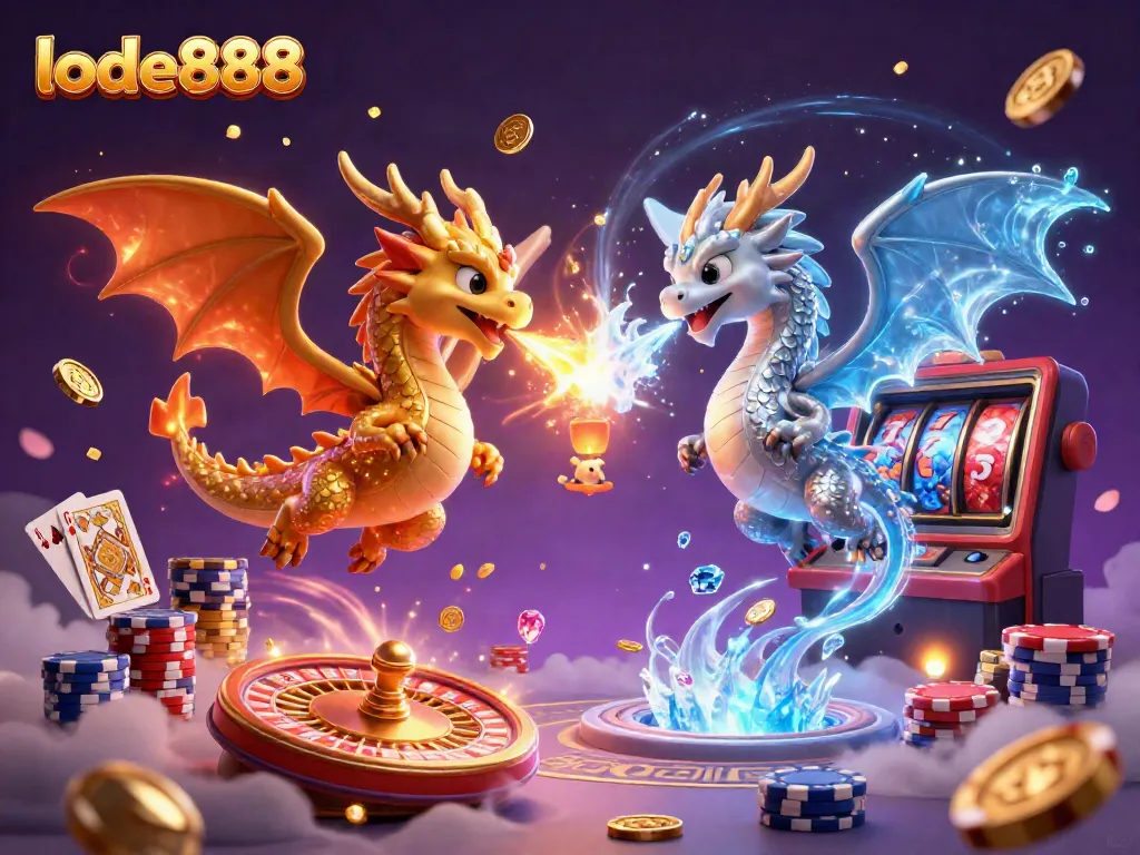 Experience the vibrant energy of lode888 with twin dragons unleashing fiery and icy breaths amidst cascading casino elements.