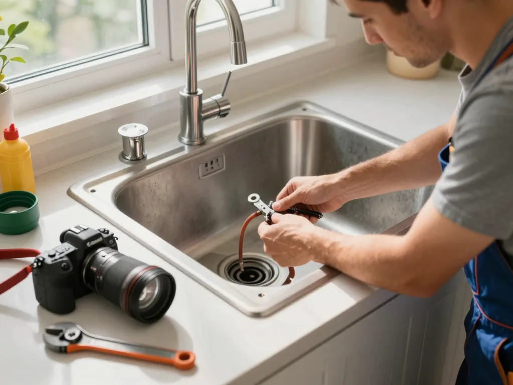 Encanador em São Paulo performing PEX pipe installation in a bright kitchen, showcasing plumbing expertise and professionalism.