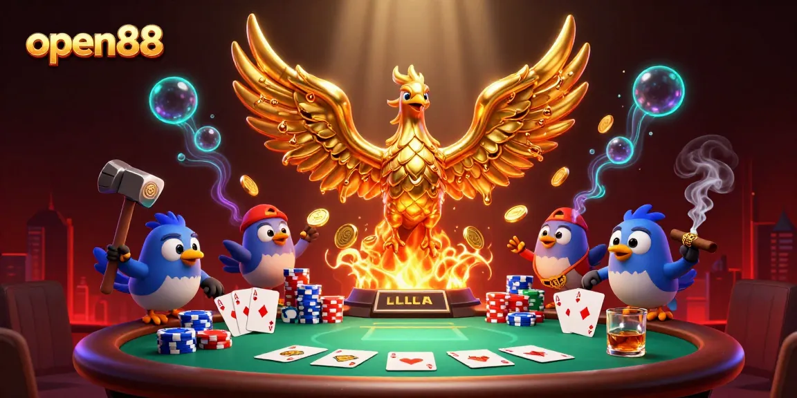 Experience the thrill of open88 as a molten phoenix ushers in golden rewards amidst a vibrant casino backdrop.
