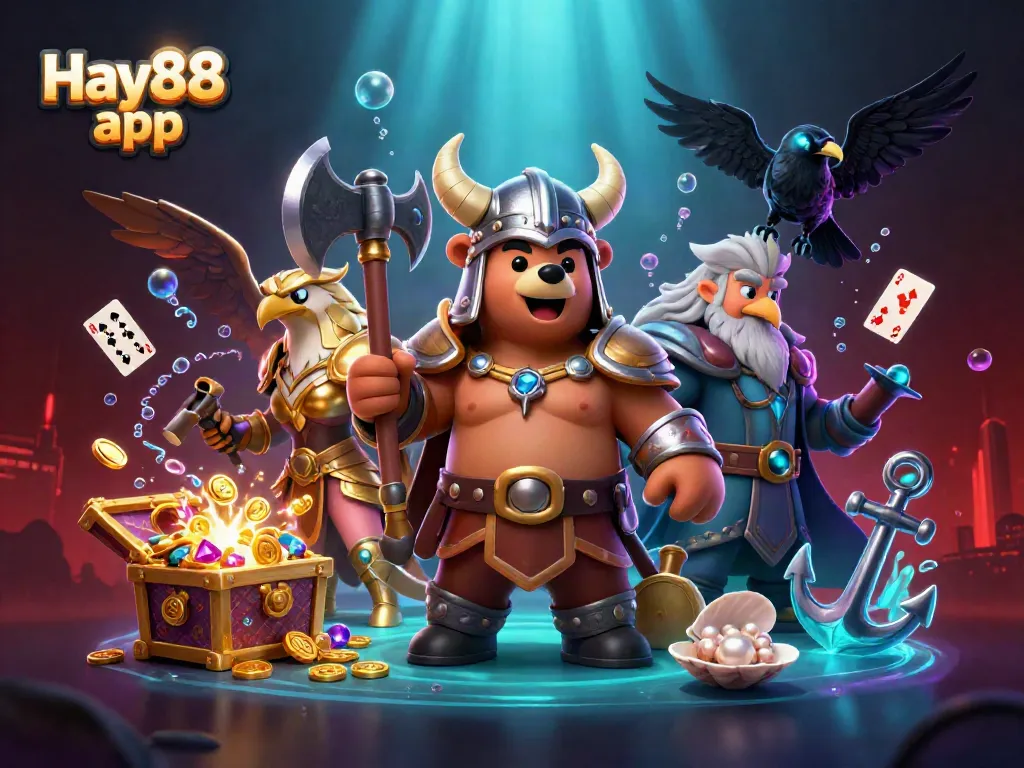 Engage with the dynamic Hay88 app featuring mythical characters and vibrant casino elements.
