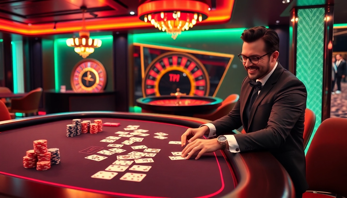 Engage in the excitement of TR88 with a vibrant casino scene featuring cards, roulette, and poker chips.