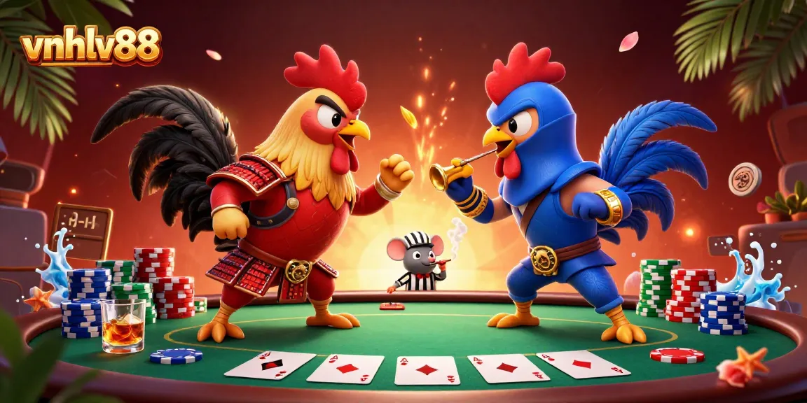 Experience thrilling gameplay at vnhlv88 with roosters battling amid dynamic poker elements in a vivid 3D scene.