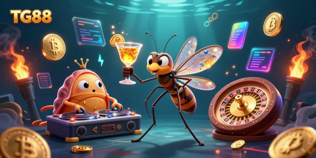 Experience thrilling gameplay with TG88 as vibrant characters and crypto icons enhance your casino adventure.