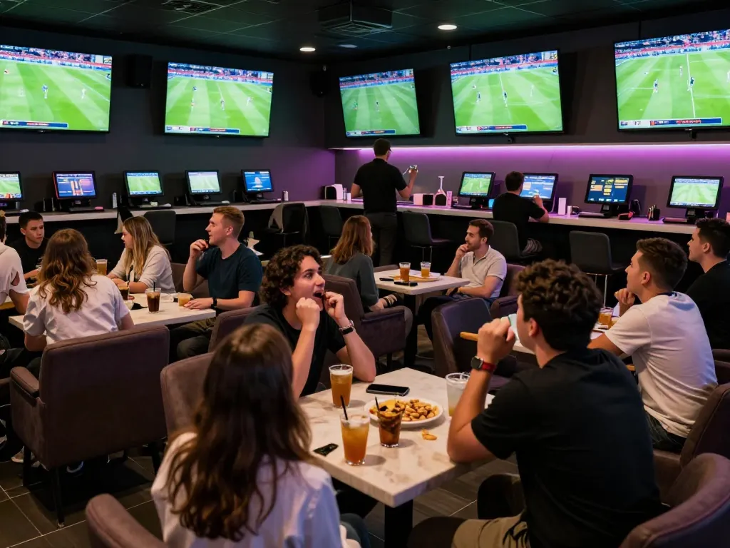 Socolive streaming high-quality soccer matches in a vibrant sports betting lounge.