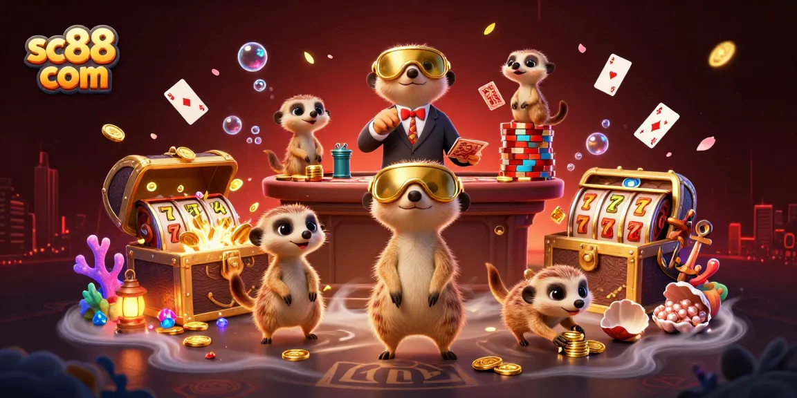 Experience the excitement at sc88 com with meerkats managing a vibrant casino, showcasing games and gold.
