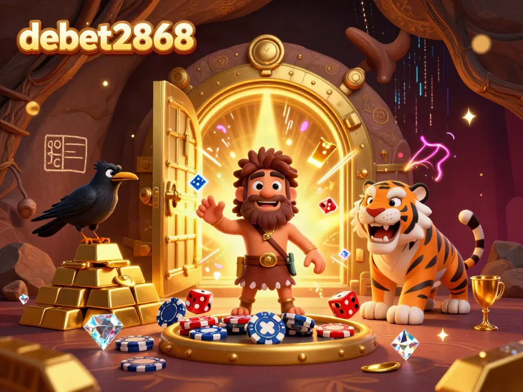 Experience the thrill at debet2868 with cartoon characters engaging in a vibrant prehistoric casino scene.