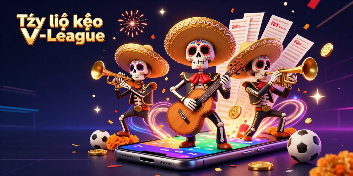 Tỷ lệ kèo V-League showcased beautifully with vibrant skeleton mariachi band and dynamic betting elements.