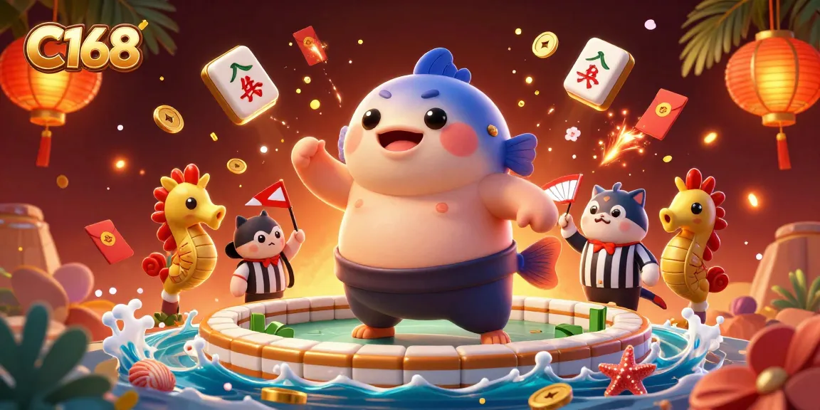 C168 players engaging in a vibrant underwater casino scene with festive elements celebrating gaming