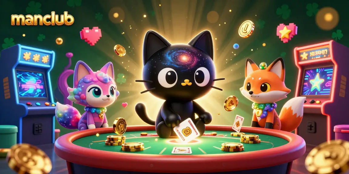 Experience gaming at manclub with a cosmic cat attracting golden chips and cards.