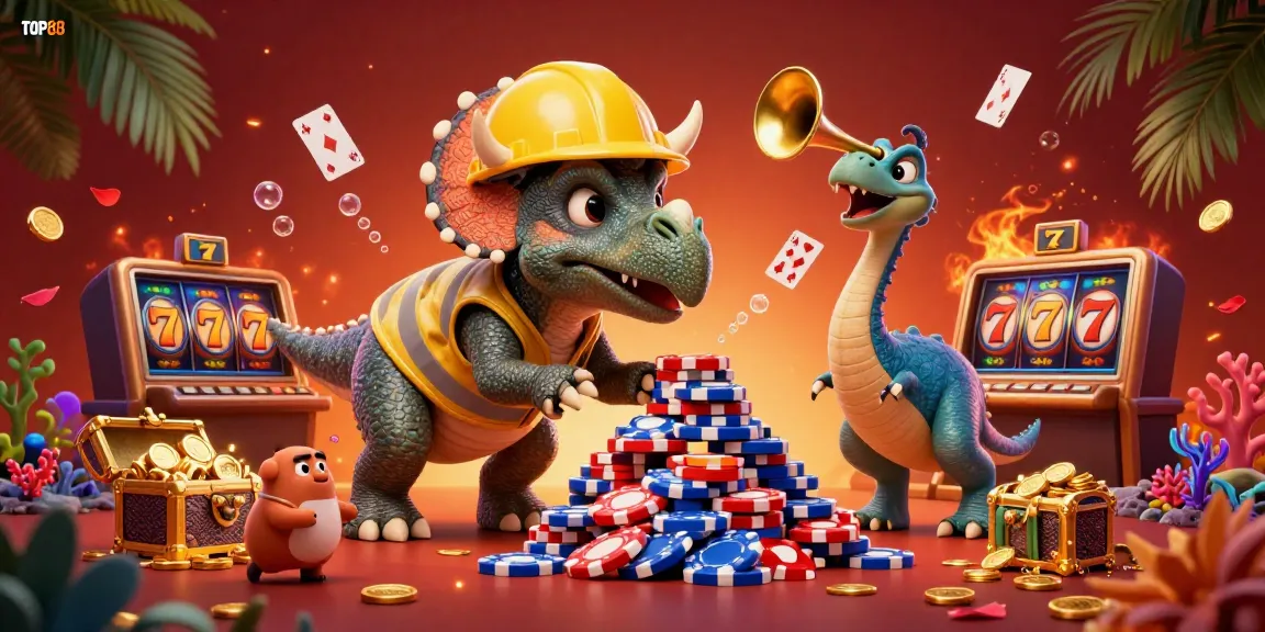 Celebrate winning at TOP88 with a vibrant casino scene, featuring slots, poker chips, and diverse characters.