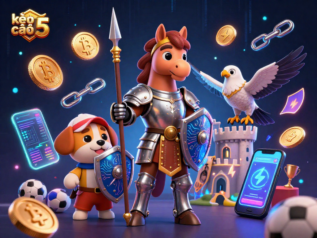 Kèo nhà cái 5 shows sports betting excitement with a medieval knight, squire puppy, and falcon amidst crypto elements.