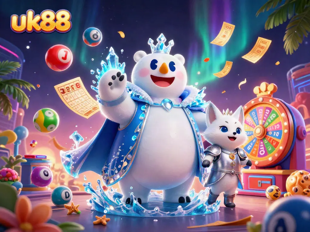 Experience the thrill of uk88 with a polar bear king and fox, surrounded by lottery excitement and vibrant colors.
