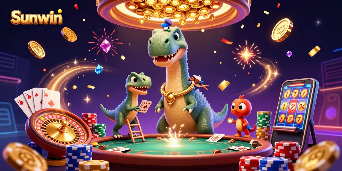 Experience the thrill of Sunwin gaming with iconic characters surrounded by dazzling casino elements.