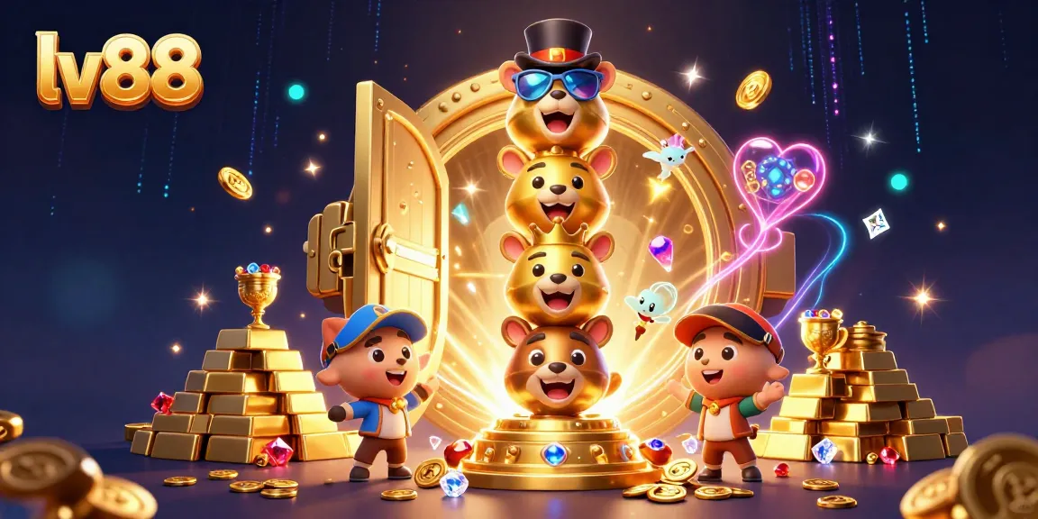 Win big at lv88 with a vibrant 3D casino illustration packed with golden treasures and exciting gaming elements.
