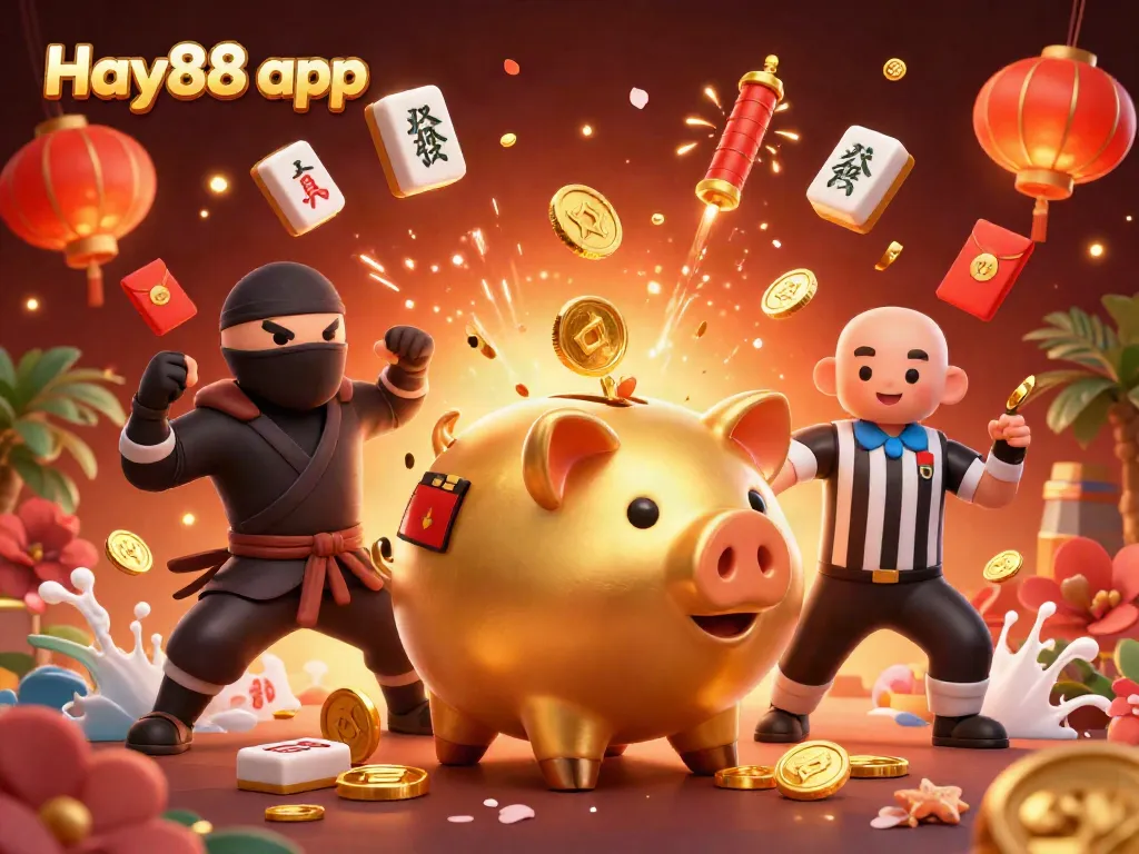 Experience the thrill of the Hay88 app with a dynamic 3D illustration featuring a sumo wrestler and ninja.