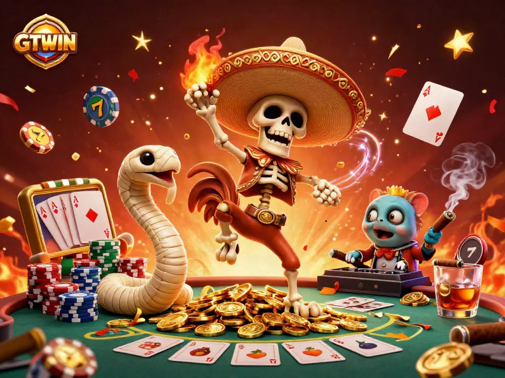 Experience thrilling wins with GTWIN's vibrant casino illustration including joyful characters and rich gaming elements.