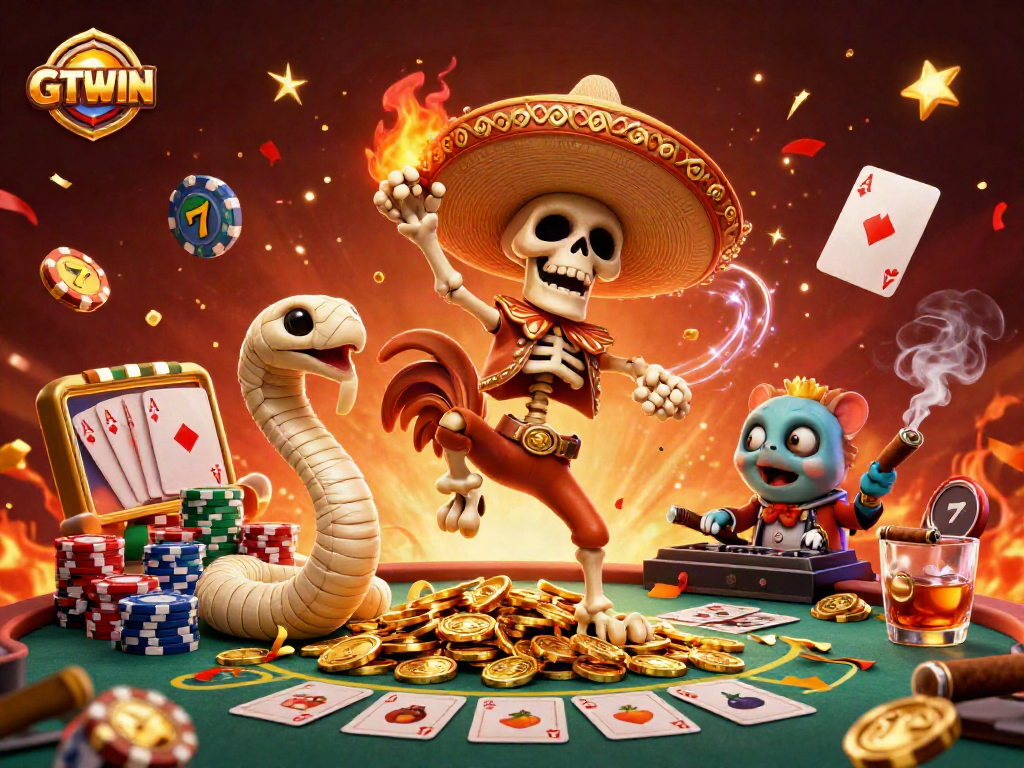 Experience thrilling wins with GTWIN's vibrant casino illustration including joyful characters and rich gaming elements.