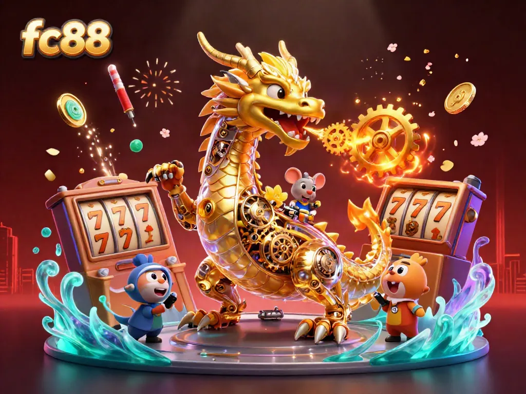 Engage with the vibrant world of fc88 as a golden dragon shares golden gears amidst slot reels and dynamic game elements.