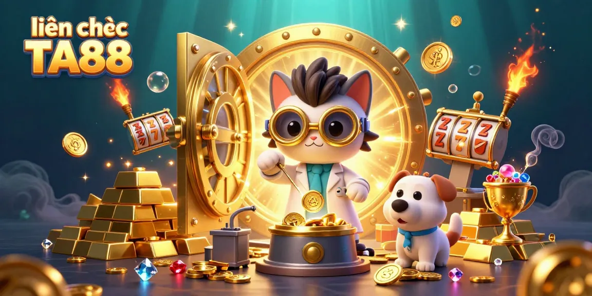 Engage with the thrilling experience of liên hệ TA88, depicted through 3D cartoon characters amid gold coins and slots.