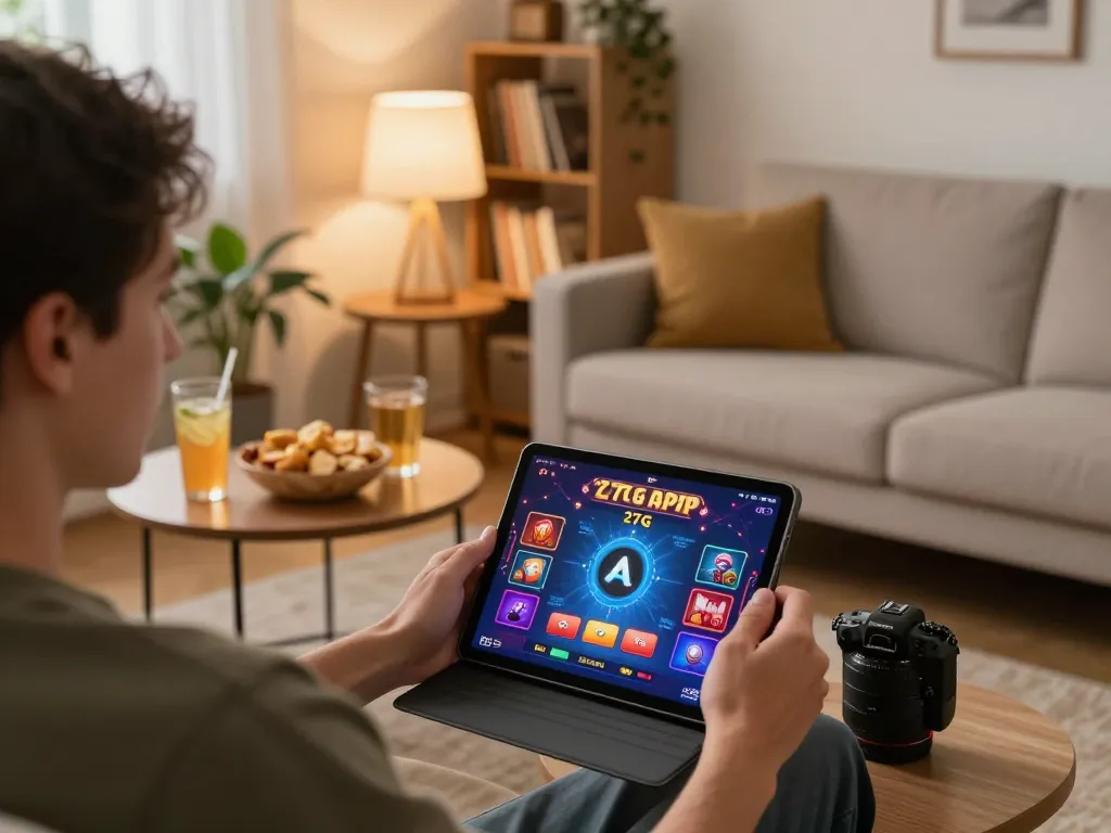 Engaging with the 27G casino app in a cozy home setting while exploring gaming strategies.