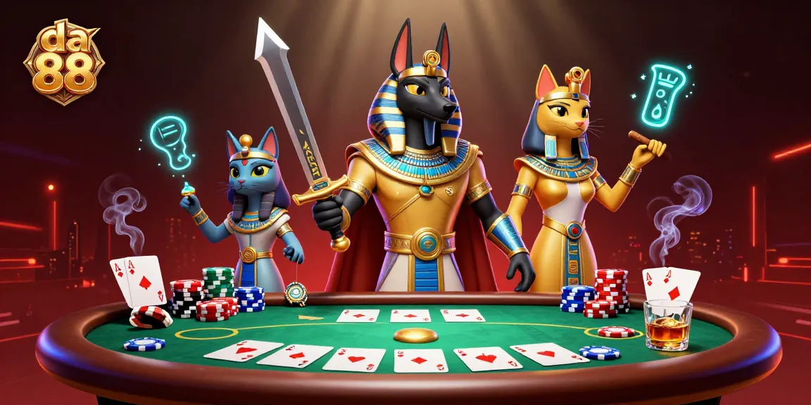 Engage with the magical scene of da 88 showing Anubis, Bastet, and poker elements in a vibrant casino.
