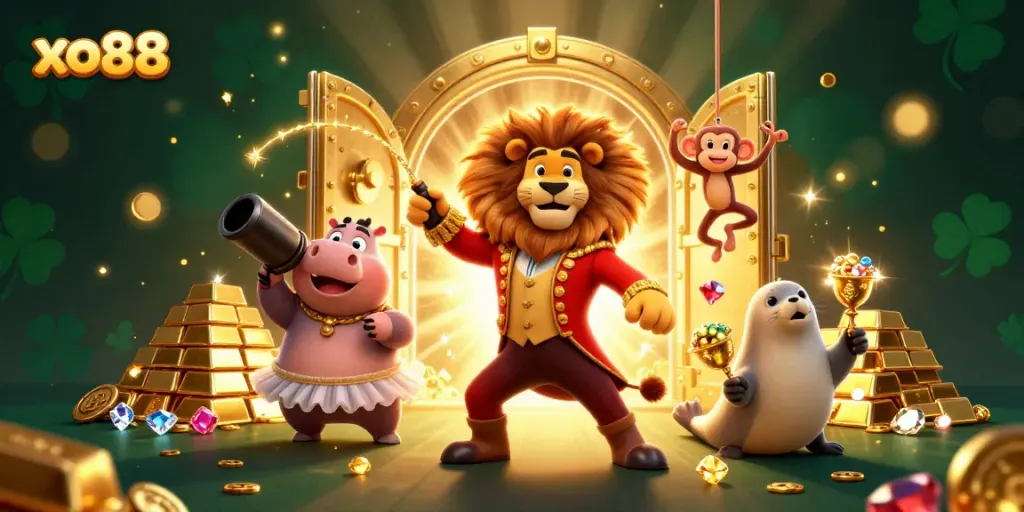 Engage in winning adventures at xo88 with a dynamic circus-themed online casino illustration.
