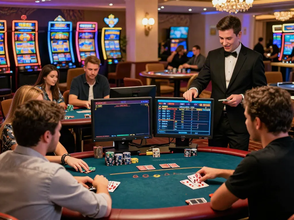Engaging online gambling scene at https://fc88v1.com/ featuring players at a poker table and interactive betting screens.