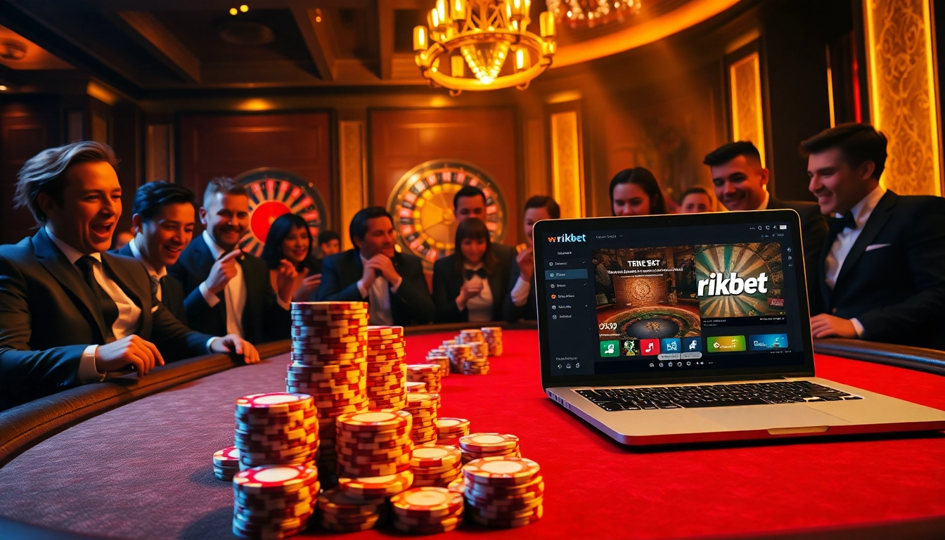 Gamblers engaging at a poker table showcasing rikbet with vibrant casino decor.