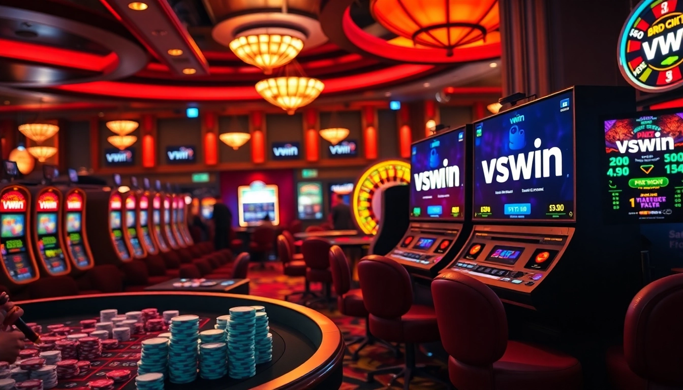 Experience the thrill of winning at the luxurious VSWIN casino, complete with vibrant slot machines and poker tables.