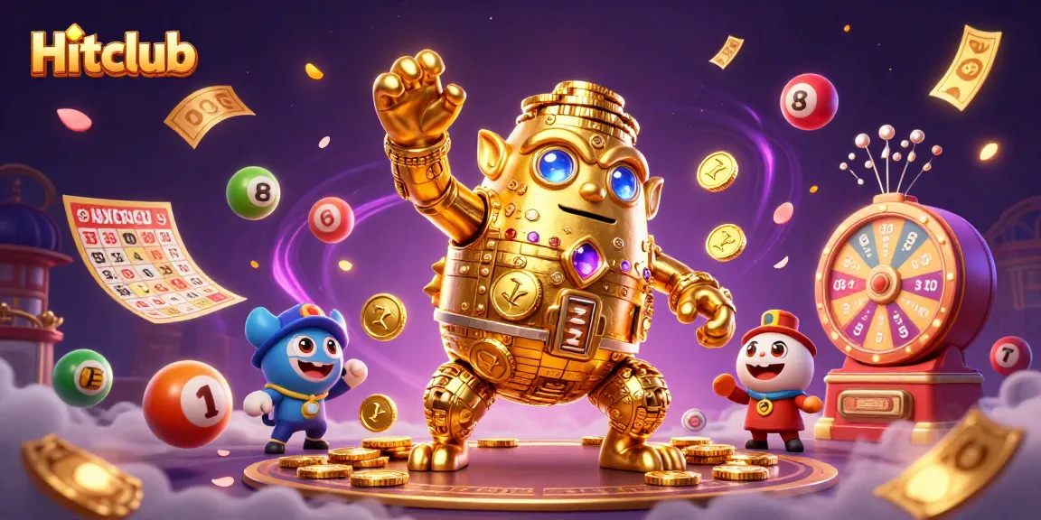 Hitclub excitingly showcases a golden golem with dynamic lottery elements and a vibrant casino theme.