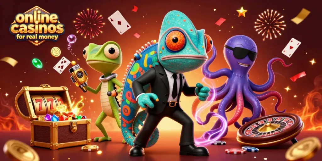 Engage with thrilling online casinos for real money, illustrated by vibrant casino-themed characters.
