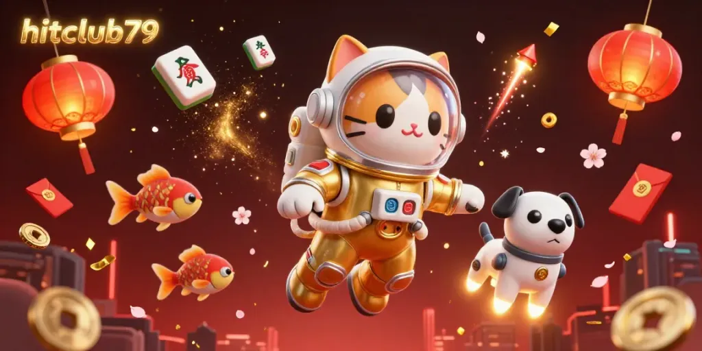 Engage with hitclub79's adventure featuring an astronaut cat, robot dog, and floating casino elements.