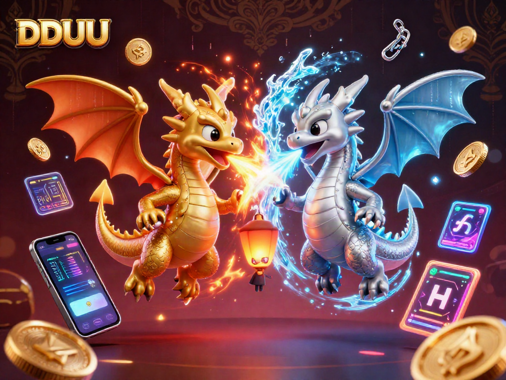 Engage with DDUU's exciting landscape showcasing crypto dragons battling amidst vibrant digital elements.