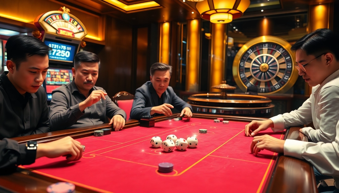 Engaged players betting on tài xỉu sunwin at a luxurious casino table with vibrant ambiance.