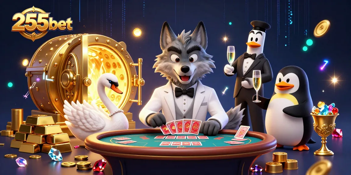 Experimente uma jogabilidade emocionante no 255bet com personagens de cassino cativantes em um ambiente luxuoso.