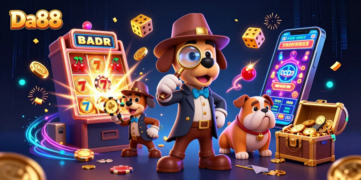 Experience the thrilling world of Da88 with a detective exploring poker clues in a vibrant casino scene.