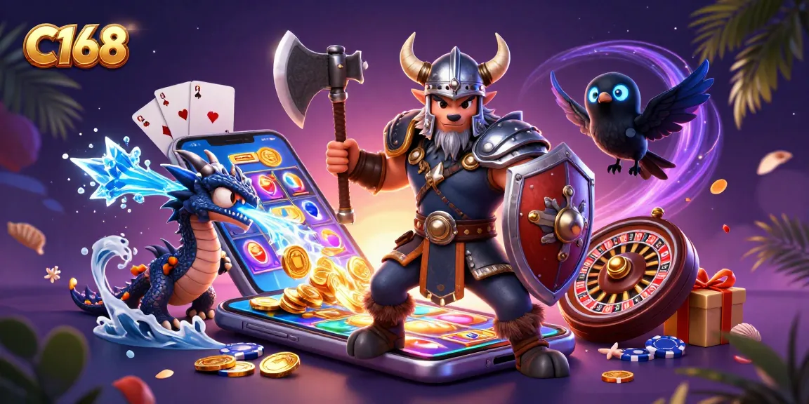 C168 offers exciting gaming with a Viking warrior, dragon, and online slots in a vibrant scene.