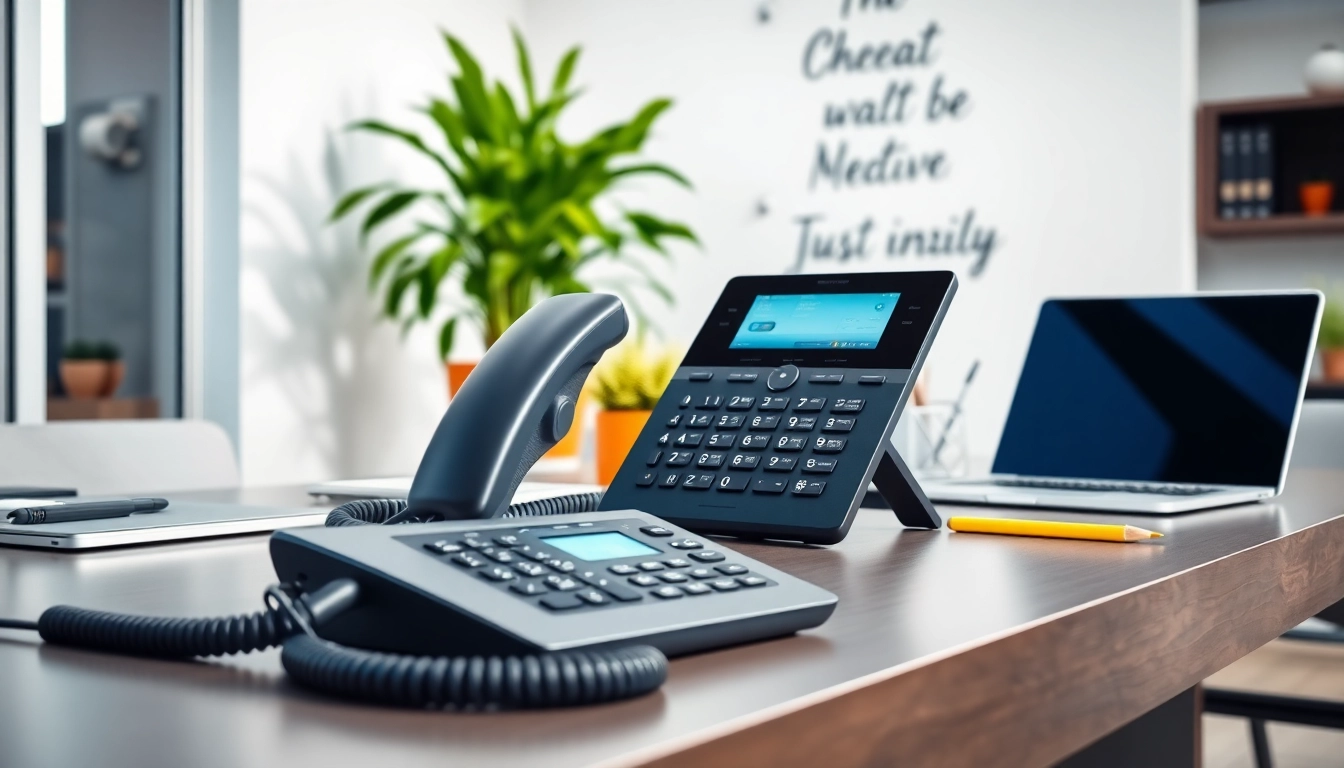 Set up a professional business phone on a modern desk surrounded by technology for productivity.