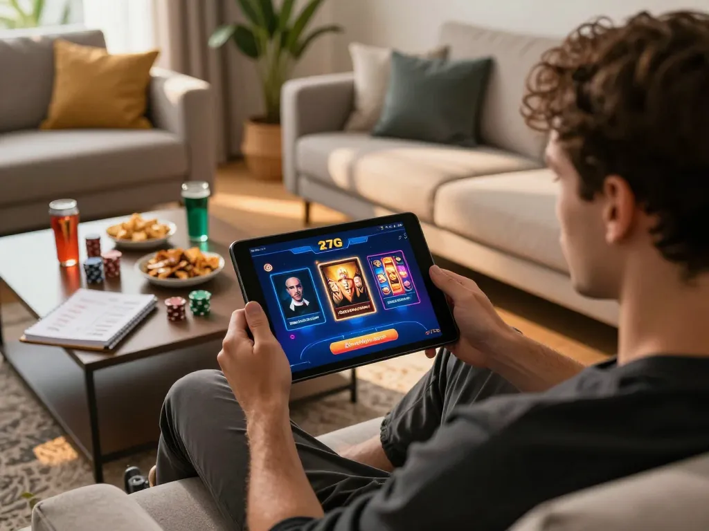 Player using the 27G app on a tablet in a cozy living room during an online casino game