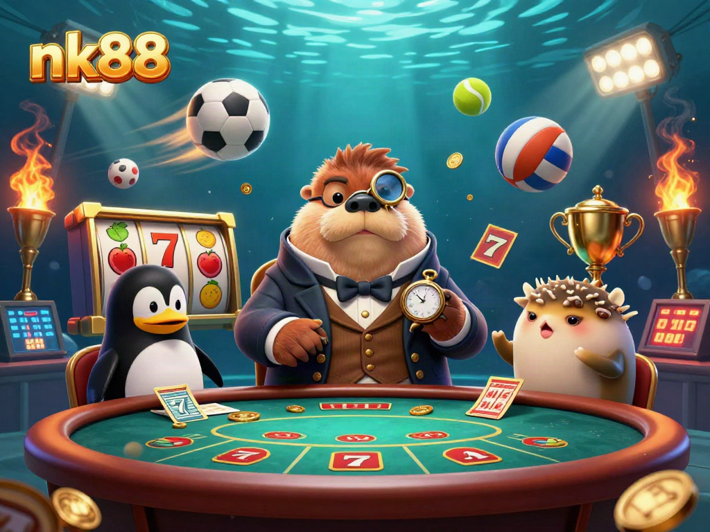 Join the thrilling poker game with the playful walrus at nk88, surrounded by exciting casino elements.